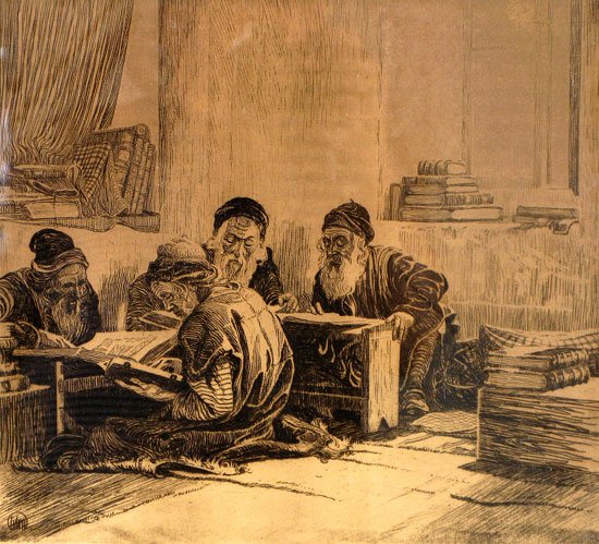1915년 에프라임 모세 릴리엔의 판화에서 책을 함께 살피는 탈무드 학습자들